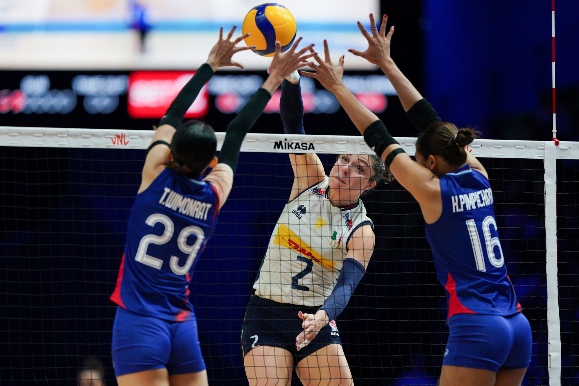 Team Italy player Alice Carlotta Degradi (number 2) spike the ball.