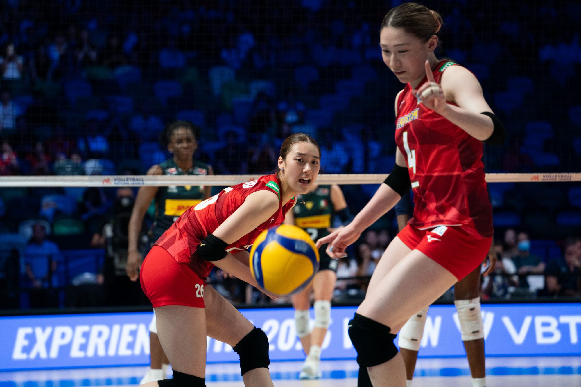 Left to right Team Japan player Yoshino Sato (number 26), Mayu Ishikawa (number 4) in the game, during Woman’s Volleyball Nations League between Japan and Italy.