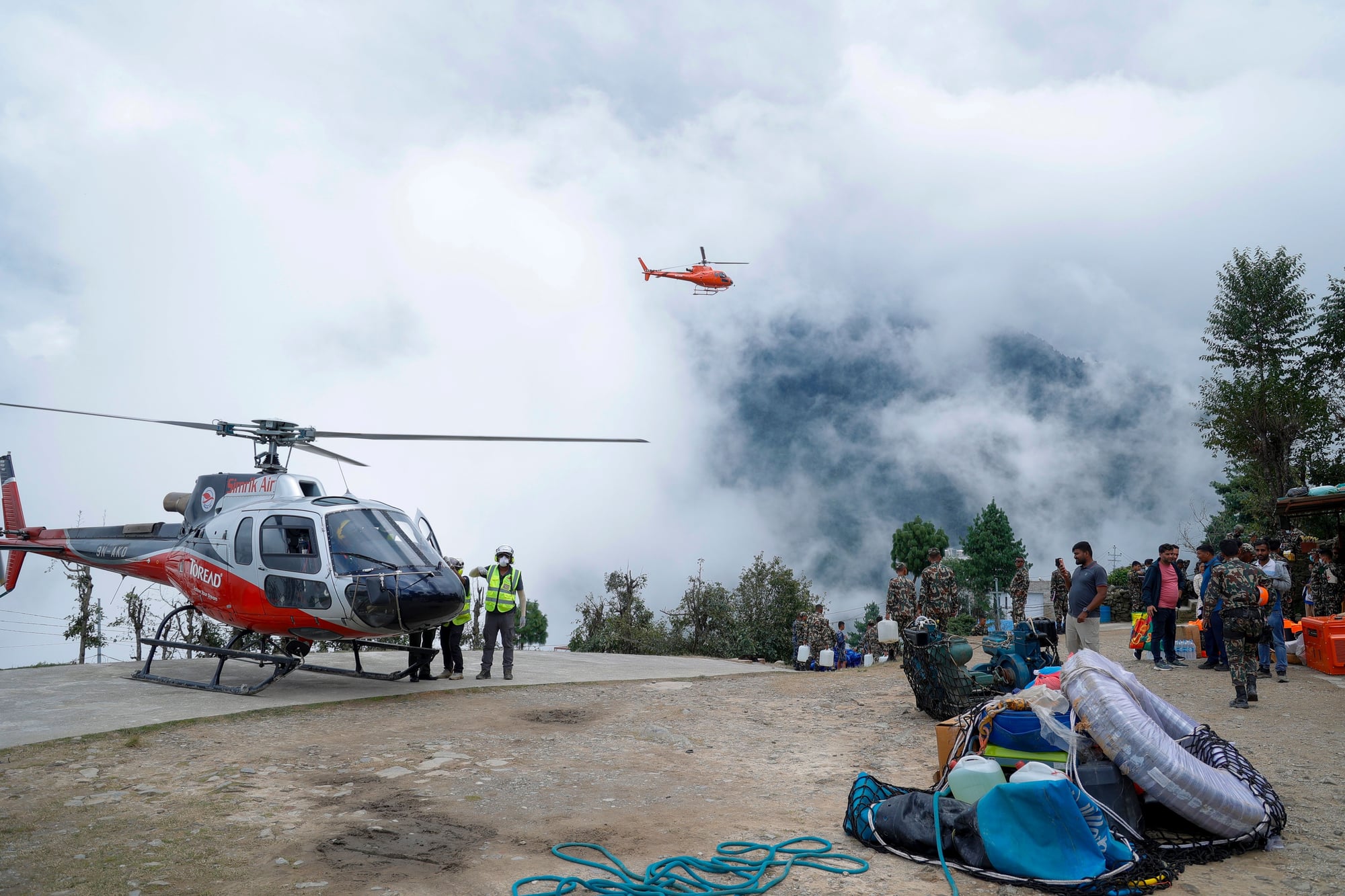 Aerial views show flood damage in Devighat.