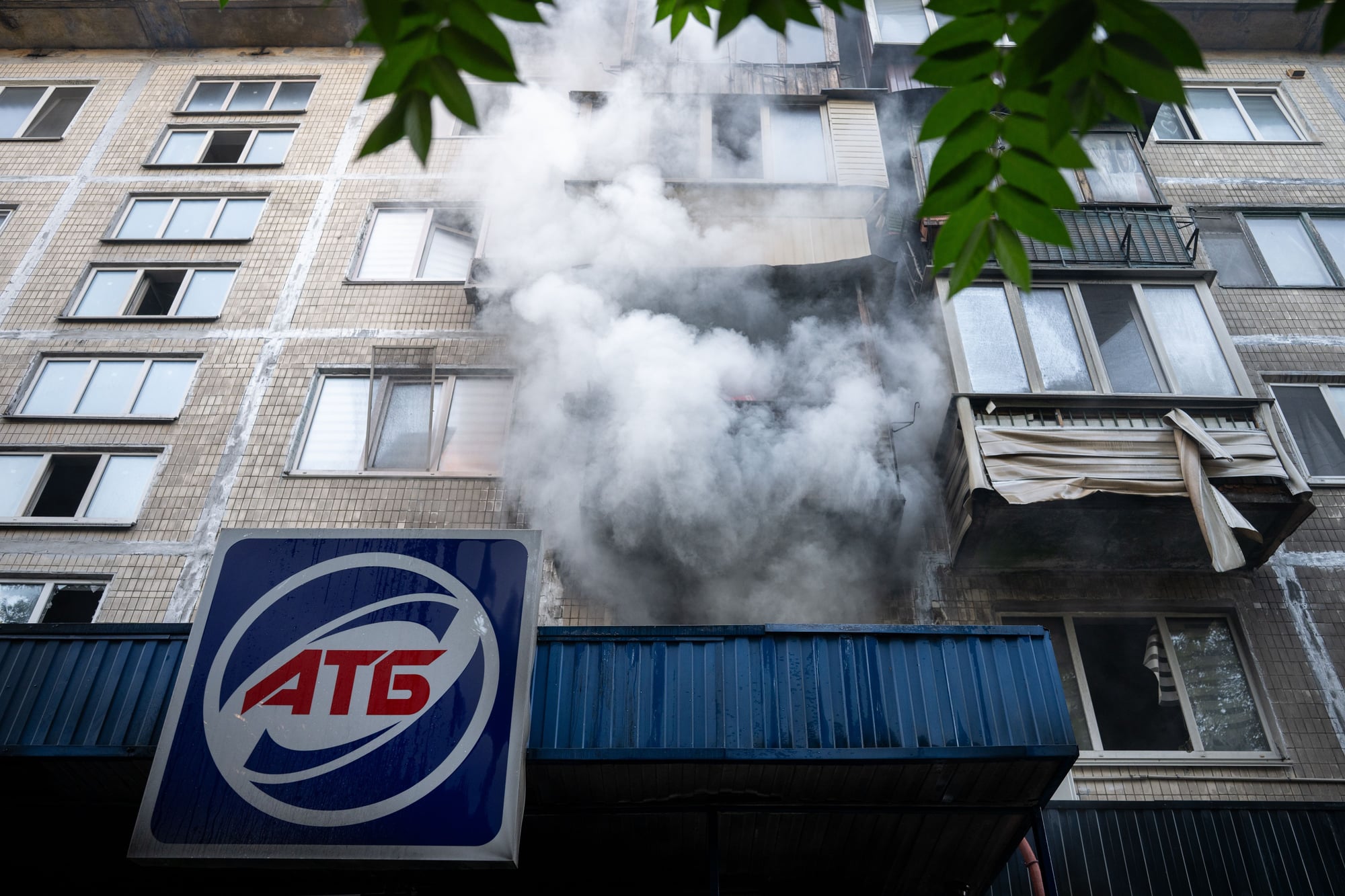 A Residential building damaged during a Russian drone attack in Kyiv