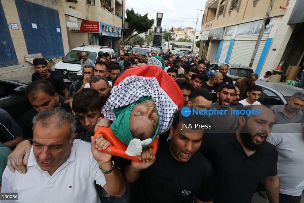 SALFIT, WEST BANK, OCTOBER 1, 2026: Palestinians mourn Mashhour Shaher Muhammad Yassin, 51, during his funeral in Salfit city, following his death after sustaining gunshot wounds during an attack in the nearby village of Yasuf, east of Salfit. Palestinian health authorities said Yassin was killed by settler gunfire during the attack, while Israeli military officials said they were looking into the details of the incident. Photo by Nedal Shtieh / JNA Press (Photo by Nedal Shtieh/JNA Press via Nexpher Images)