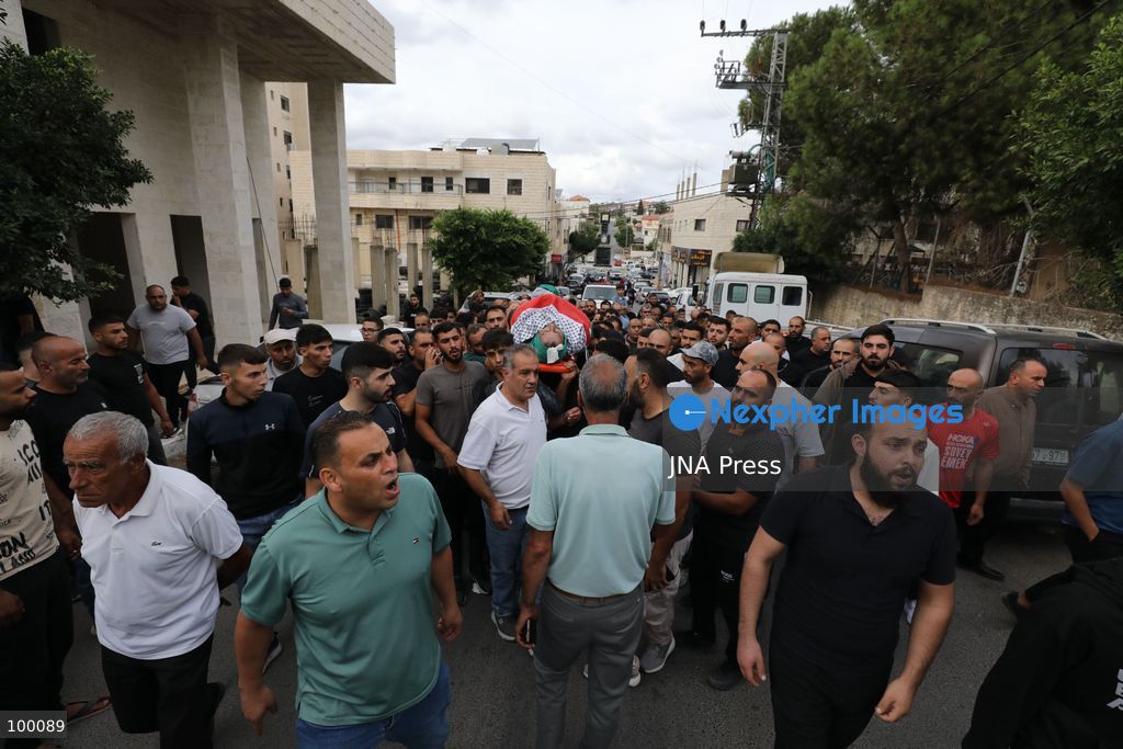 SALFIT, WEST BANK, OCTOBER 1, 2026: Palestinians mourn Mashhour Shaher Muhammad Yassin, 51, during his funeral in Salfit city, following his death after sustaining gunshot wounds during an attack in the nearby village of Yasuf, east of Salfit. Palestinian health authorities said Yassin was killed by settler gunfire during the attack, while Israeli military officials said they were looking into the details of the incident. Photo by Nedal Shtieh / JNA Press (Photo by Nedal Shtieh/JNA Press via Nexpher Images)