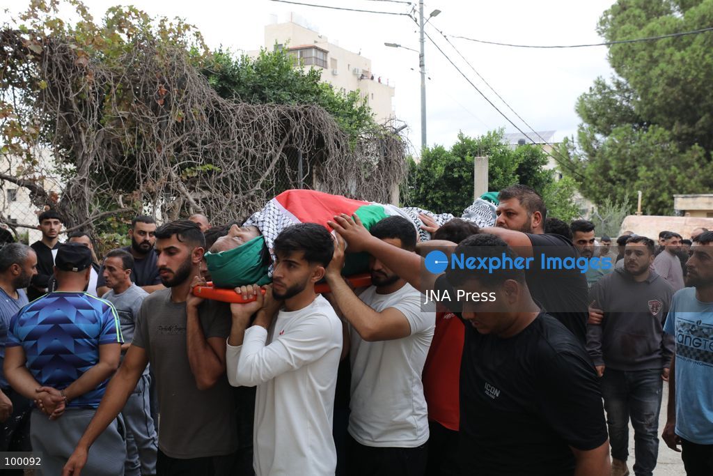 SALFIT, WEST BANK, OCTOBER 1, 2026: Palestinians mourn Mashhour Shaher Muhammad Yassin, 51, during his funeral in Salfit city, following his death after sustaining gunshot wounds during an attack in the nearby village of Yasuf, east of Salfit. Palestinian health authorities said Yassin was killed by settler gunfire during the attack, while Israeli military officials said they were looking into the details of the incident. Photo by Nedal Shtieh / JNA Press (Photo by Nedal Shtieh/JNA Press via Nexpher Images)