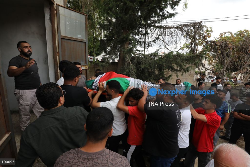 SALFIT, WEST BANK, OCTOBER 1, 2026: Palestinians mourn Mashhour Shaher Muhammad Yassin, 51, during his funeral in Salfit city, following his death after sustaining gunshot wounds during an attack in the nearby village of Yasuf, east of Salfit. Palestinian health authorities said Yassin was killed by settler gunfire during the attack, while Israeli military officials said they were looking into the details of the incident. Photo by Nedal Shtieh / JNA Press (Photo by Nedal Shtieh/JNA Press via Nexpher Images)
