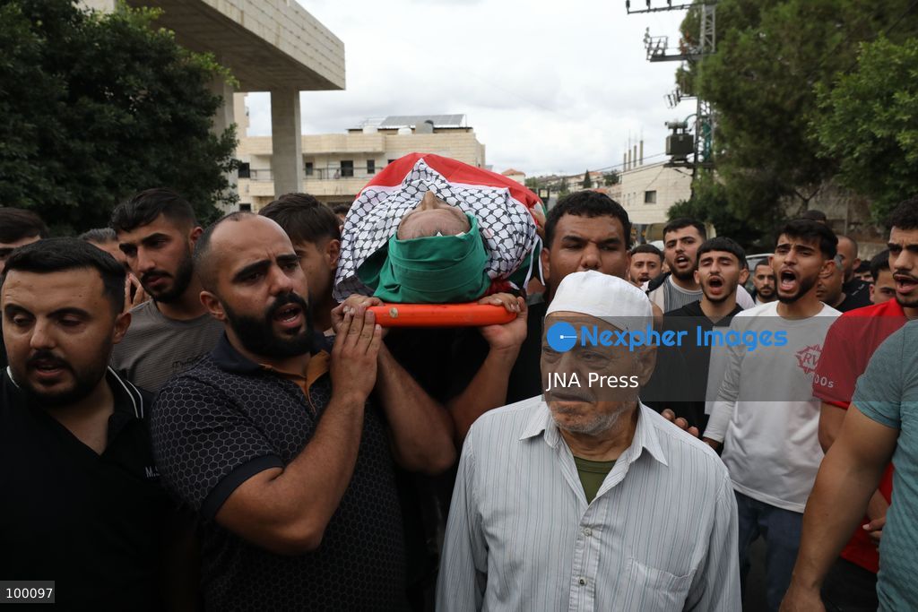 SALFIT, WEST BANK, OCTOBER 1, 2026: Palestinians mourn Mashhour Shaher Muhammad Yassin, 51, during his funeral in Salfit city, following his death after sustaining gunshot wounds during an attack in the nearby village of Yasuf, east of Salfit. Palestinian health authorities said Yassin was killed by settler gunfire during the attack, while Israeli military officials said they were looking into the details of the incident. Photo by Nedal Shtieh / JNA Press (Photo by Nedal Shtieh/JNA Press via Nexpher Images)