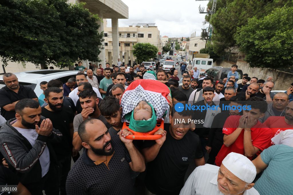 SALFIT, WEST BANK, OCTOBER 1, 2026: Palestinians mourn Mashhour Shaher Muhammad Yassin, 51, during his funeral in Salfit city, following his death after sustaining gunshot wounds during an attack in the nearby village of Yasuf, east of Salfit. Palestinian health authorities said Yassin was killed by settler gunfire during the attack, while Israeli military officials said they were looking into the details of the incident. Photo by Nedal Shtieh / JNA Press (Photo by Nedal Shtieh/JNA Press via Nexpher Images)