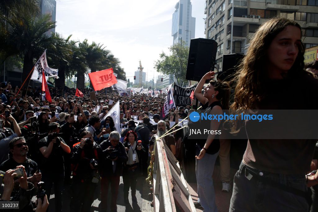 SANTIAGO, CHILE, OCTOBER 1, 2026: Students, workers, teachers and members of social organizations take part in a march in Santiago against the proposed 2027 national budget presented by President Jose Antonio Kast's government. The demonstration, called by the Confederation of Chilean Students (CONFECH) and supported by various social organizations, focused on concerns over public education funding and potential budget cuts to social programs. The proposed budget was submitted to Congress for consideration amid criticism from student groups and unions over the allocation of public resources. Photo by Sebastian Silva / JNA Press. (Photo by Sebastian Silva/JNA Press via Nexpher Images)