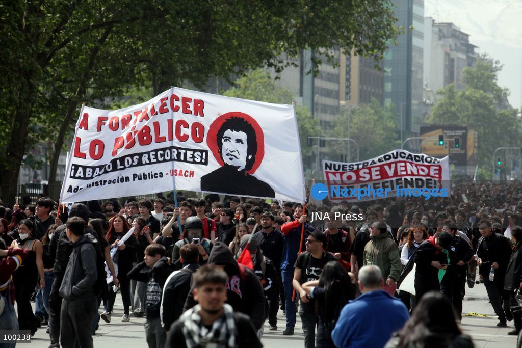 SANTIAGO, CHILE, OCTOBER 1, 2026: Students, workers, teachers and members of social organizations take part in a march in Santiago against the proposed 2027 national budget presented by President Jose Antonio Kast's government. The demonstration, called by the Confederation of Chilean Students (CONFECH) and supported by various social organizations, focused on concerns over public education funding and potential budget cuts to social programs. The proposed budget was submitted to Congress for consideration amid criticism from student groups and unions over the allocation of public resources. Photo by Sebastian Silva / JNA Press. (Photo by Sebastian Silva/JNA Press via Nexpher Images)