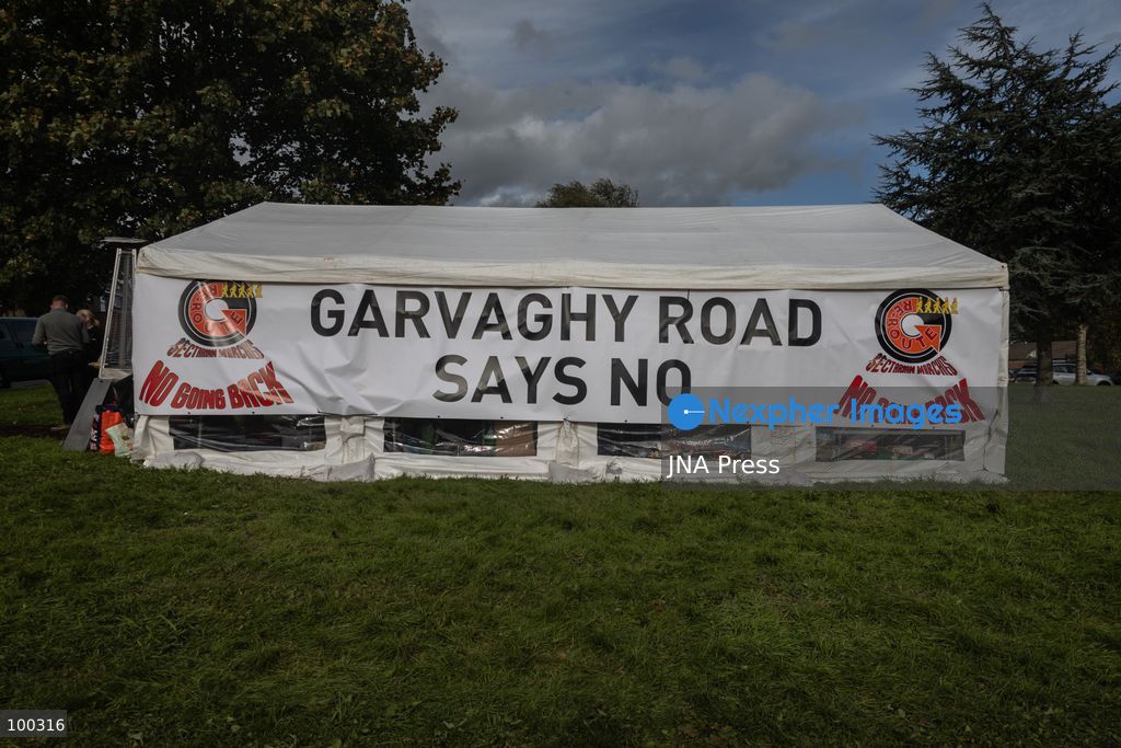 PORTADOWN, NORTHERN IRELAND, OCTOBER 1, 2026: Residents of the Garvaghy Road community gather in Portadown amid an ongoing dispute over a proposed Orange Order march through the area. Following several days of talks involving the Orange Order, the Police Service of Northern Ireland (PSNI) and community representatives, residents spend time together with family and friends, with music and chanting. The dispute remained unresolved as negotiations continued over the controversial parade route. Photo by Nadia Caimi / JNA Press. (Photo by Nadia Caimi/JNA Press via Nexpher Images)