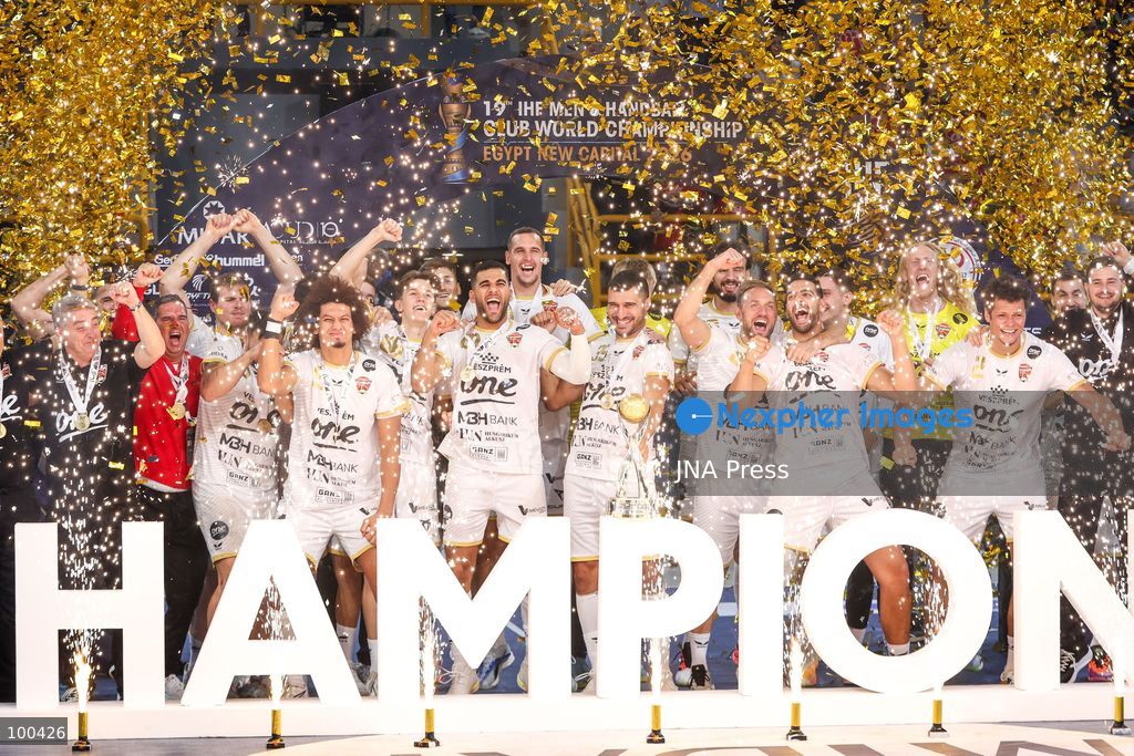 NEW ADMINISTRATIVE CAPITAL, EGYPT, OCTOBER 1, 2026: Veszprem HC celebrate winning the final of the 19th IHF Men's Club World Championship after defeating FC Barcelona 42–33 at the New Administrative Capital Covered Hall. The Hungarian side secured its second title in the competition, having led 22–16 at half-time. Photo by Ayman Aref / JNA Press. (Photo by Ayman Aref/JNA Press via Nexpher Images)