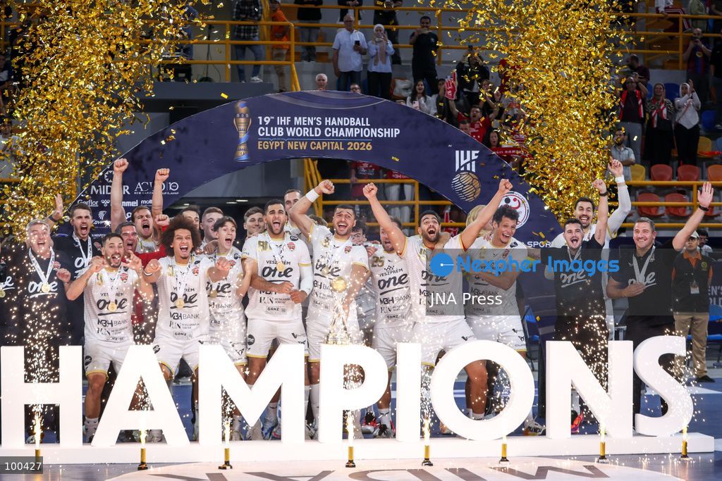 NEW ADMINISTRATIVE CAPITAL, EGYPT, OCTOBER 1, 2026: Veszprem HC celebrate winning the final of the 19th IHF Men's Club World Championship after defeating FC Barcelona 42–33 at the New Administrative Capital Covered Hall. The Hungarian side secured its second title in the competition, having led 22–16 at half-time. Photo by Ayman Aref / JNA Press. (Photo by Ayman Aref/JNA Press via Nexpher Images)