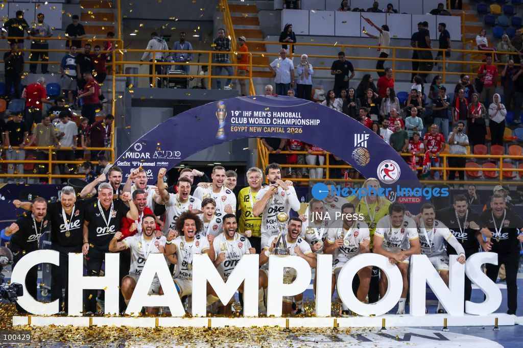 NEW ADMINISTRATIVE CAPITAL, EGYPT, OCTOBER 1, 2026: Veszprem HC celebrate winning the final of the 19th IHF Men's Club World Championship after defeating FC Barcelona 42–33 at the New Administrative Capital Covered Hall. The Hungarian side secured its second title in the competition, having led 22–16 at half-time. Photo by Ayman Aref / JNA Press. (Photo by Ayman Aref/JNA Press via Nexpher Images)