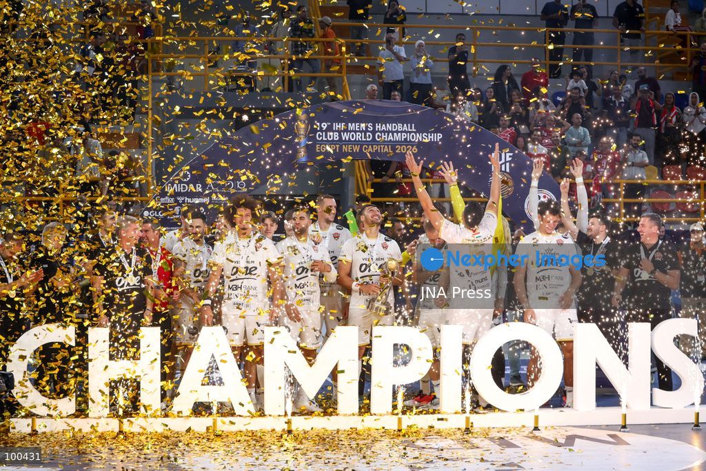 NEW ADMINISTRATIVE CAPITAL, EGYPT, OCTOBER 1, 2026: Veszprem HC celebrate winning the final of the 19th IHF Men's Club World Championship after defeating FC Barcelona 42–33 at the New Administrative Capital Covered Hall. The Hungarian side secured its second title in the competition, having led 22–16 at half-time. Photo by Ayman Aref / JNA Press. (Photo by Ayman Aref/JNA Press via Nexpher Images)
