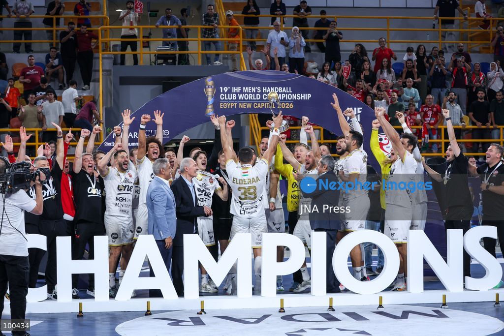 NEW ADMINISTRATIVE CAPITAL, EGYPT, OCTOBER 1, 2026: Veszprem HC celebrate winning the final of the 19th IHF Men's Club World Championship after defeating FC Barcelona 42–33 at the New Administrative Capital Covered Hall. The Hungarian side secured its second title in the competition, having led 22–16 at half-time. Photo by Ayman Aref / JNA Press. (Photo by Ayman Aref/JNA Press via Nexpher Images)