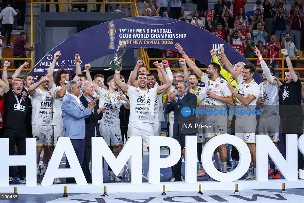 NEW ADMINISTRATIVE CAPITAL, EGYPT, OCTOBER 1, 2026: Veszprem HC celebrate winning the final of the 19th IHF Men's Club World Championship after defeating FC Barcelona 42–33 at the New Administrative Capital Covered Hall. The Hungarian side secured its second title in the competition, having led 22–16 at half-time. Photo by Ayman Aref / JNA Press. (Photo by Ayman Aref/JNA Press via Nexpher Images)