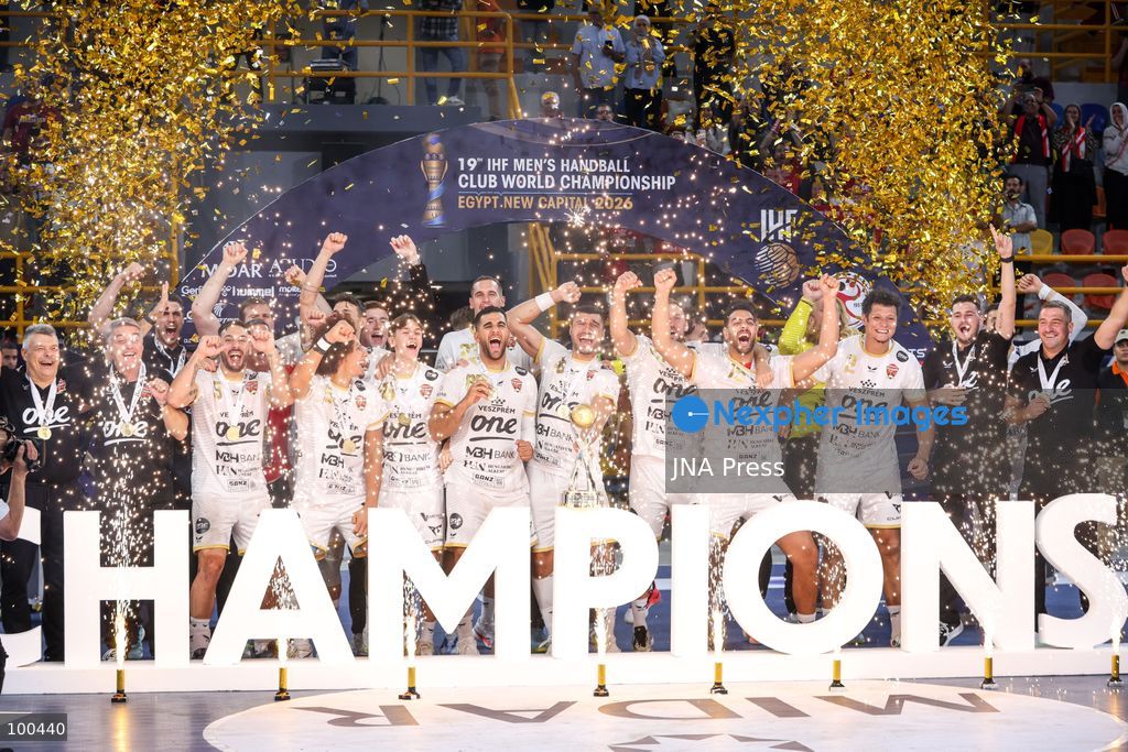 NEW ADMINISTRATIVE CAPITAL, EGYPT, OCTOBER 1, 2026: Veszprem HC celebrate winning the final of the 19th IHF Men's Club World Championship after defeating FC Barcelona 42–33 at the New Administrative Capital Covered Hall. The Hungarian side secured its second title in the competition, having led 22–16 at half-time. Photo by Ayman Aref / JNA Press. (Photo by Ayman Aref/JNA Press via Nexpher Images)