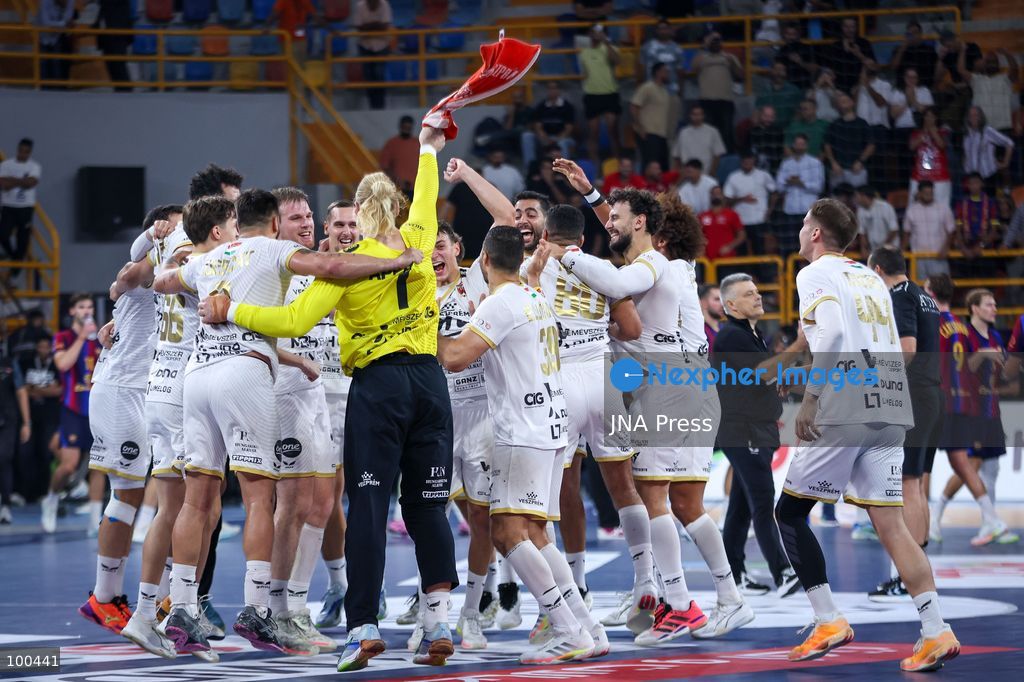 NEW ADMINISTRATIVE CAPITAL, EGYPT, OCTOBER 1, 2026: Veszprem HC celebrate winning the final of the 19th IHF Men's Club World Championship after defeating FC Barcelona 42–33 at the New Administrative Capital Covered Hall. The Hungarian side secured its second title in the competition, having led 22–16 at half-time. Photo by Ayman Aref / JNA Press. (Photo by Ayman Aref/JNA Press via Nexpher Images)