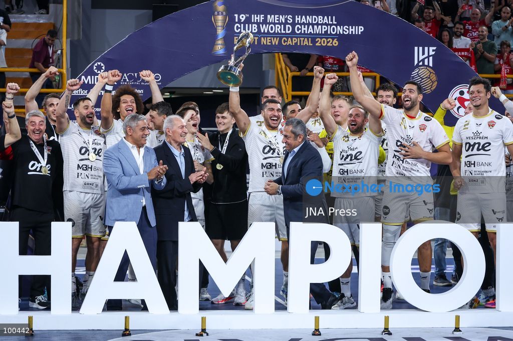 NEW ADMINISTRATIVE CAPITAL, EGYPT, OCTOBER 1, 2026: Veszprem HC celebrate winning the final of the 19th IHF Men's Club World Championship after defeating FC Barcelona 42–33 at the New Administrative Capital Covered Hall. The Hungarian side secured its second title in the competition, having led 22–16 at half-time. Photo by Ayman Aref / JNA Press. (Photo by Ayman Aref/JNA Press via Nexpher Images)