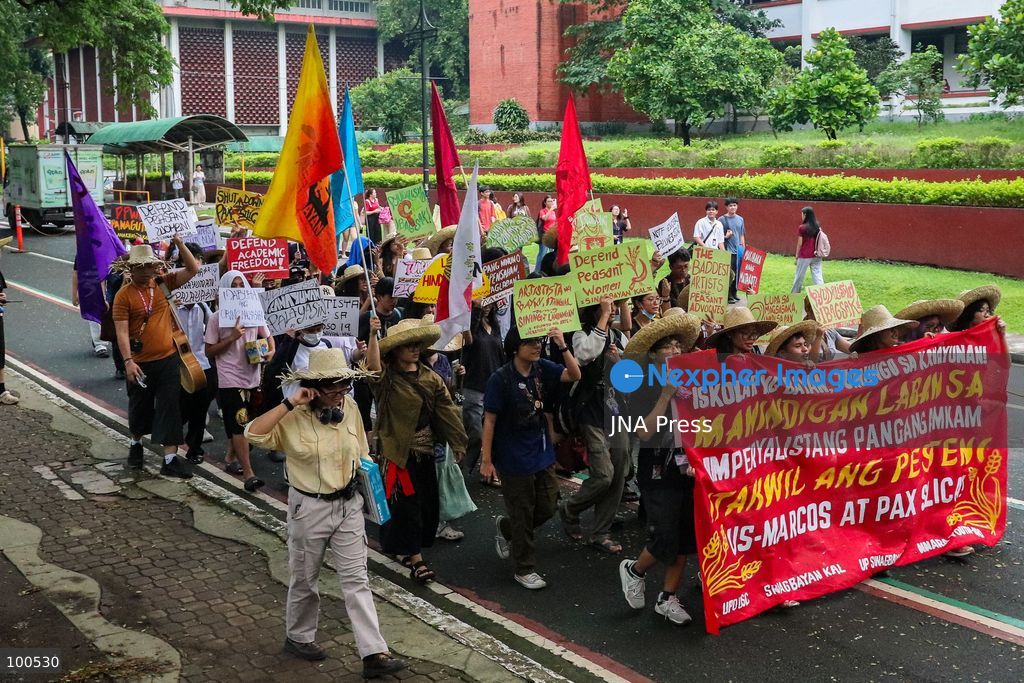 QUEZON CITY, PHILIPPINES, OCTOBER 2, 2026: Peasant advocates and progressive groups hold a protest at the University of the Philippines Diliman to mark Peasant Month, calling for land reform, greater protection for farmers and measures to mitigate the potential impact of Super El Nino on the country's agricultural sector. Demonstrators also voiced opposition to the US-led Pax Silica initiative and the Luzon Economic Corridor, citing concerns over their potential impact on agricultural lands and ancestral domains. Conservation news Photo by Emman Capones / JNA Press. (Photo by Emman Capones/JNA Press via Nexpher Images)
