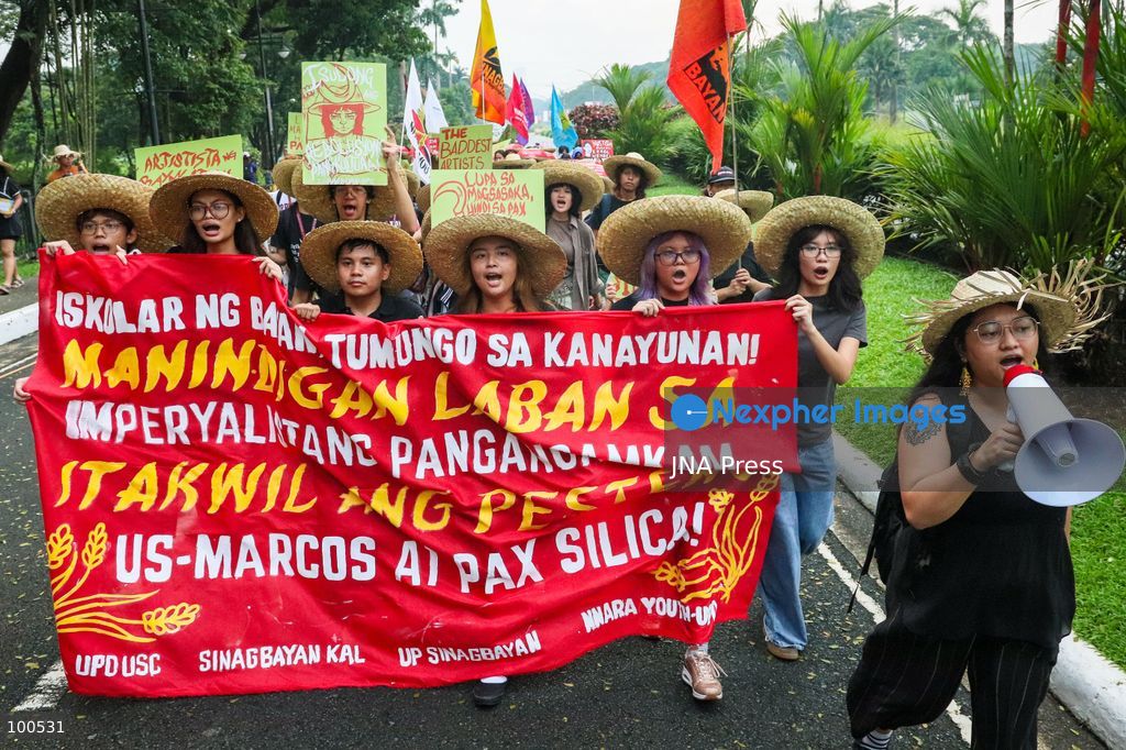 QUEZON CITY, PHILIPPINES, OCTOBER 2, 2026: Peasant advocates and progressive groups hold a protest at the University of the Philippines Diliman to mark Peasant Month, calling for land reform, greater protection for farmers and measures to mitigate the potential impact of Super El Nino on the country's agricultural sector. Demonstrators also voiced opposition to the US-led Pax Silica initiative and the Luzon Economic Corridor, citing concerns over their potential impact on agricultural lands and ancestral domains. Conservation news Photo by Emman Capones / JNA Press. (Photo by Emman Capones/JNA Press via Nexpher Images)
