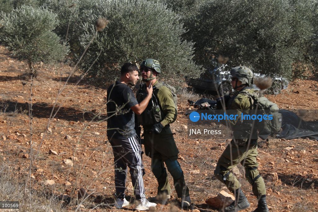 BEITA, NABLUS, PALESTINE – OCTOBER 2, 2026: Israeli settlers and Israeli forces attacked Palestinian farmers while they were picking olives in the Jabal Al-Arma area, east of Beita, south of Nablus. Settlers fired live ammunition toward the farmers, with no injuries reported. According to the Palestinian Red Crescent Society, Israeli forces also beat a 46-year-old Palestinian farmer during raids on olive farms in Beita. Witnesses told Anadolu that Israeli forces fired stun grenades and tear gas at farmers in the Jabal Al-Arma area, forcing them to leave. The olive harvest begins in early October and continues through the end of November, making it an important agricultural and economic season for Palestinian communities. The Palestinian Colonization and Wall Resistance Commission reported that more than 45,000 trees were cut down or damaged across the West Bank during the first half of 2026, including more than 26,000 olive trees. Photo by Salman Mohsen Alkhatib / JNA Press. (Photo by Salman Mohsen Alkhatib/JNA Press via Nexpher Images)