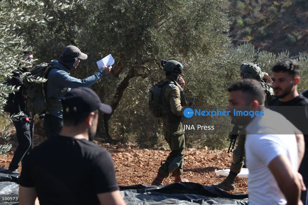 BEITA, NABLUS, PALESTINE – OCTOBER 2, 2026: Israeli settlers and Israeli forces attacked Palestinian farmers while they were picking olives in the Jabal Al-Arma area, east of Beita, south of Nablus. Settlers fired live ammunition toward the farmers, with no injuries reported. According to the Palestinian Red Crescent Society, Israeli forces also beat a 46-year-old Palestinian farmer during raids on olive farms in Beita. Witnesses told Anadolu that Israeli forces fired stun grenades and tear gas at farmers in the Jabal Al-Arma area, forcing them to leave. The olive harvest begins in early October and continues through the end of November, making it an important agricultural and economic season for Palestinian communities. The Palestinian Colonization and Wall Resistance Commission reported that more than 45,000 trees were cut down or damaged across the West Bank during the first half of 2026, including more than 26,000 olive trees. Photo by Salman Mohsen Alkhatib / JNA Press. (Photo by Salman Mohsen Alkhatib/JNA Press via Nexpher Images)