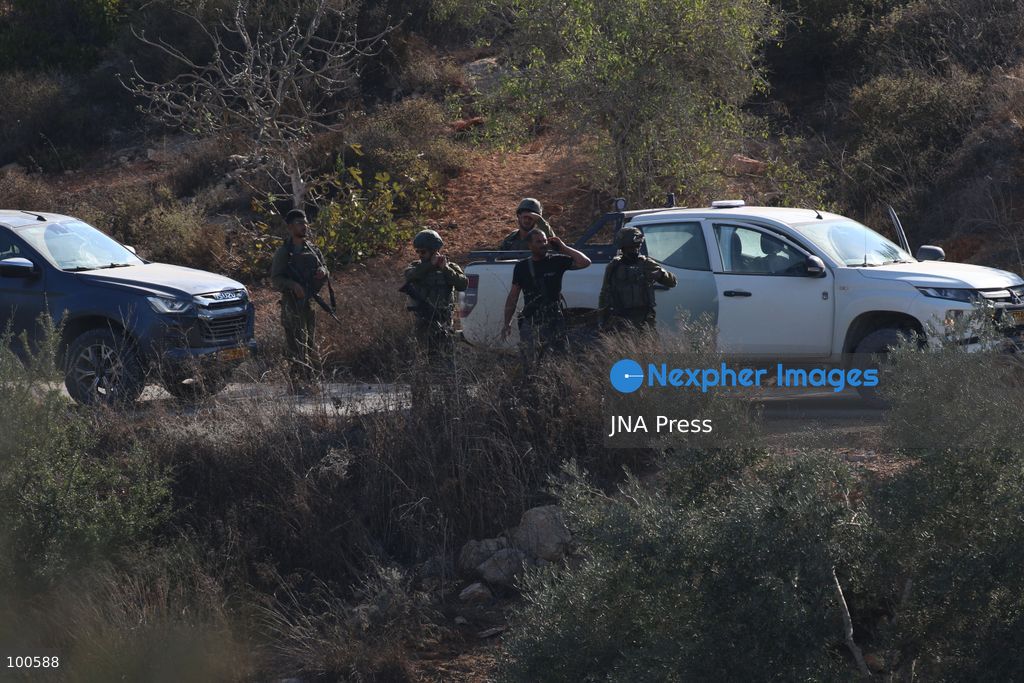 BEITA, NABLUS, PALESTINE – OCTOBER 2, 2026: Israeli settlers and Israeli forces attacked Palestinian farmers while they were picking olives in the Jabal Al-Arma area, east of Beita, south of Nablus. Settlers fired live ammunition toward the farmers, with no injuries reported. According to the Palestinian Red Crescent Society, Israeli forces also beat a 46-year-old Palestinian farmer during raids on olive farms in Beita. Witnesses told Anadolu that Israeli forces fired stun grenades and tear gas at farmers in the Jabal Al-Arma area, forcing them to leave. The olive harvest begins in early October and continues through the end of November, making it an important agricultural and economic season for Palestinian communities. The Palestinian Colonization and Wall Resistance Commission reported that more than 45,000 trees were cut down or damaged across the West Bank during the first half of 2026, including more than 26,000 olive trees. Photo by Salman Mohsen Alkhatib / JNA Press. (Photo by Salman Mohsen Alkhatib/JNA Press via Nexpher Images)