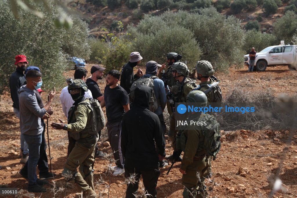 BEITA, NABLUS, PALESTINE – OCTOBER 2, 2026: Israeli settlers and Israeli forces attacked Palestinian farmers while they were picking olives in the Jabal Al-Arma area, east of Beita, south of Nablus. Settlers fired live ammunition toward the farmers, with no injuries reported. According to the Palestinian Red Crescent Society, Israeli forces also beat a 46-year-old Palestinian farmer during raids on olive farms in Beita. Witnesses told Anadolu that Israeli forces fired stun grenades and tear gas at farmers in the Jabal Al-Arma area, forcing them to leave. The olive harvest begins in early October and continues through the end of November, making it an important agricultural and economic season for Palestinian communities. The Palestinian Colonization and Wall Resistance Commission reported that more than 45,000 trees were cut down or damaged across the West Bank during the first half of 2026, including more than 26,000 olive trees. Photo by Salman Mohsen Alkhatib / JNA Press. (Photo by Salman Mohsen Alkhatib/JNA Press via Nexpher Images)
