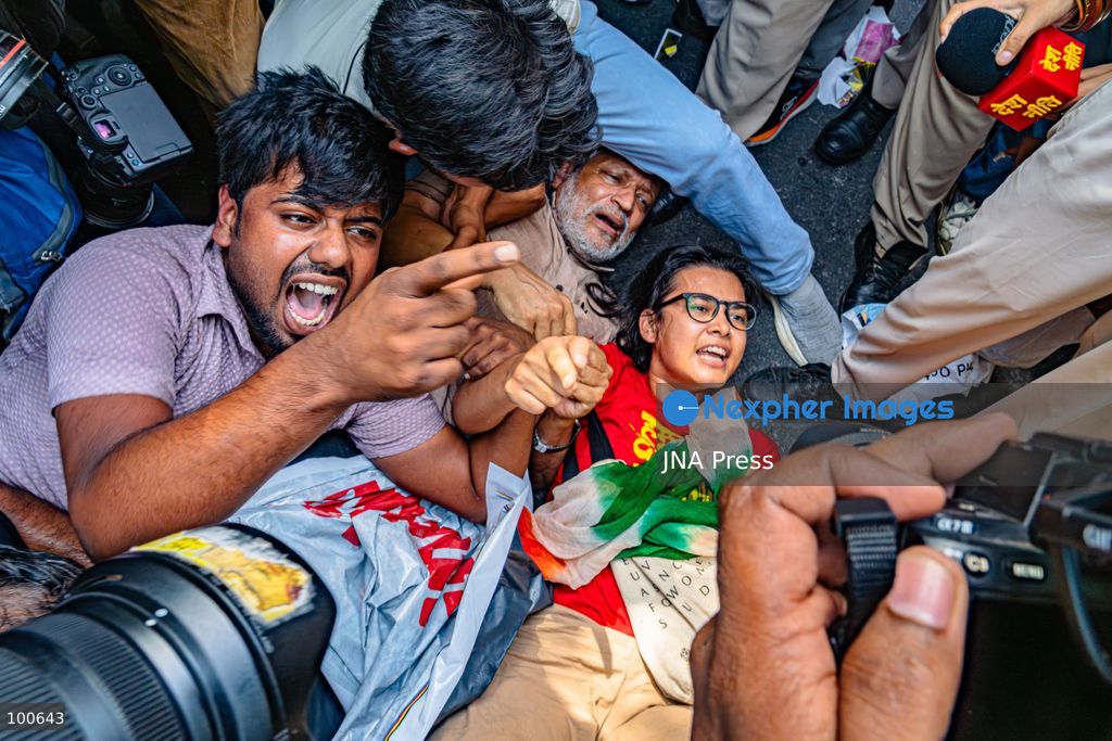NEW DELHI, INDIA, OCTOBER 2, 2026: Opposition supporters, students and activists protest near Jantar Mantar against Chief Election Commissioner Gyanesh Kumar, demanding his resignation over alleged irregularities in the Special Intensive Revision of electoral rolls and the deletion of voters from electoral lists. Police imposed restrictions around the protest area and detained hundreds of demonstrators as groups attempted to gather near Jantar Mantar. The Election Commission has denied allegations of wrongdoing in the voter-roll revision process. Photo by Yanni Rawat / JNA Press. (Photo by yanni rawat/JNA Press via Nexpher Images)