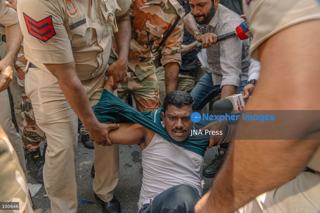 NEW DELHI, INDIA, OCTOBER 2, 2026: Opposition supporters, students and activists protest near Jantar Mantar against Chief Election Commissioner Gyanesh Kumar, demanding his resignation over alleged irregularities in the Special Intensive Revision of electoral rolls and the deletion of voters from electoral lists. Police imposed restrictions around the protest area and detained hundreds of demonstrators as groups attempted to gather near Jantar Mantar. The Election Commission has denied allegations of wrongdoing in the voter-roll revision process. Photo by Yanni Rawat / JNA Press. (Photo by yanni rawat/JNA Press via Nexpher Images)