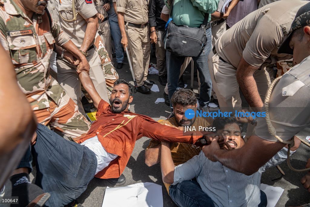 NEW DELHI, INDIA, OCTOBER 2, 2026: Opposition supporters, students and activists protest near Jantar Mantar against Chief Election Commissioner Gyanesh Kumar, demanding his resignation over alleged irregularities in the Special Intensive Revision of electoral rolls and the deletion of voters from electoral lists. Police imposed restrictions around the protest area and detained hundreds of demonstrators as groups attempted to gather near Jantar Mantar. The Election Commission has denied allegations of wrongdoing in the voter-roll revision process. Photo by Yanni Rawat / JNA Press. (Photo by yanni rawat/JNA Press via Nexpher Images)