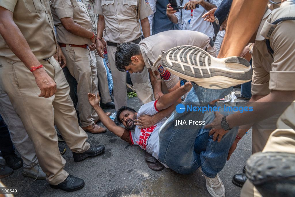 NEW DELHI, INDIA, OCTOBER 2, 2026: Opposition supporters, students and activists protest near Jantar Mantar against Chief Election Commissioner Gyanesh Kumar, demanding his resignation over alleged irregularities in the Special Intensive Revision of electoral rolls and the deletion of voters from electoral lists. Police imposed restrictions around the protest area and detained hundreds of demonstrators as groups attempted to gather near Jantar Mantar. The Election Commission has denied allegations of wrongdoing in the voter-roll revision process. Photo by Yanni Rawat / JNA Press. (Photo by yanni rawat/JNA Press via Nexpher Images)