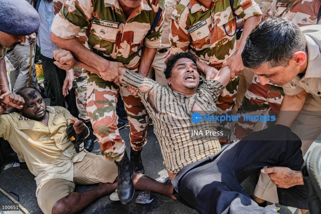 NEW DELHI, INDIA, OCTOBER 2, 2026: Opposition supporters, students and activists protest near Jantar Mantar against Chief Election Commissioner Gyanesh Kumar, demanding his resignation over alleged irregularities in the Special Intensive Revision of electoral rolls and the deletion of voters from electoral lists. Police imposed restrictions around the protest area and detained hundreds of demonstrators as groups attempted to gather near Jantar Mantar. The Election Commission has denied allegations of wrongdoing in the voter-roll revision process. Photo by Yanni Rawat / JNA Press. (Photo by yanni rawat/JNA Press via Nexpher Images)
