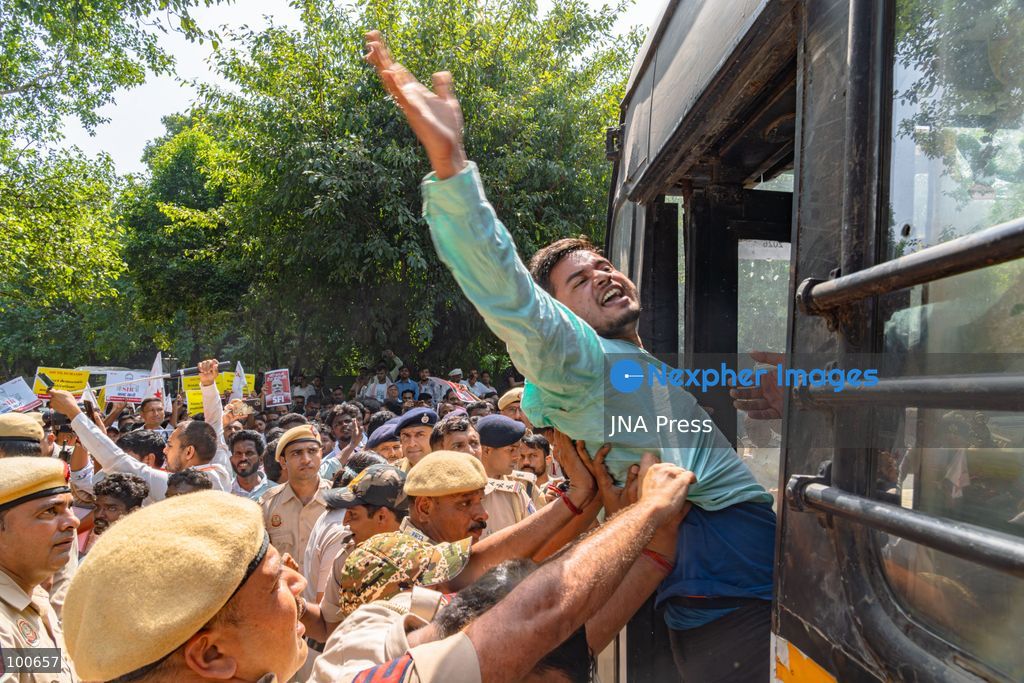 NEW DELHI, INDIA, OCTOBER 2, 2026: Opposition supporters, students and activists protest near Jantar Mantar against Chief Election Commissioner Gyanesh Kumar, demanding his resignation over alleged irregularities in the Special Intensive Revision of electoral rolls and the deletion of voters from electoral lists. Police imposed restrictions around the protest area and detained hundreds of demonstrators as groups attempted to gather near Jantar Mantar. The Election Commission has denied allegations of wrongdoing in the voter-roll revision process. Photo by Yanni Rawat / JNA Press. (Photo by yanni rawat/JNA Press via Nexpher Images)