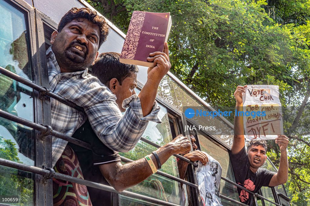 NEW DELHI, INDIA, OCTOBER 2, 2026: Opposition supporters, students and activists protest near Jantar Mantar against Chief Election Commissioner Gyanesh Kumar, demanding his resignation over alleged irregularities in the Special Intensive Revision of electoral rolls and the deletion of voters from electoral lists. Police imposed restrictions around the protest area and detained hundreds of demonstrators as groups attempted to gather near Jantar Mantar. The Election Commission has denied allegations of wrongdoing in the voter-roll revision process. Photo by Yanni Rawat / JNA Press. (Photo by yanni rawat/JNA Press via Nexpher Images)