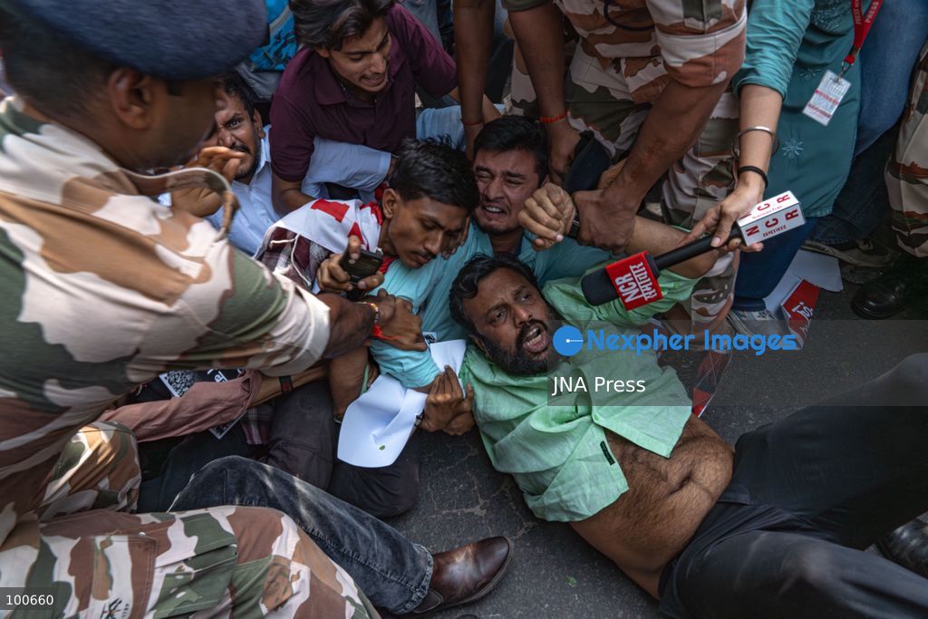 NEW DELHI, INDIA, OCTOBER 2, 2026: Opposition supporters, students and activists protest near Jantar Mantar against Chief Election Commissioner Gyanesh Kumar, demanding his resignation over alleged irregularities in the Special Intensive Revision of electoral rolls and the deletion of voters from electoral lists. Police imposed restrictions around the protest area and detained hundreds of demonstrators as groups attempted to gather near Jantar Mantar. The Election Commission has denied allegations of wrongdoing in the voter-roll revision process. Photo by Yanni Rawat / JNA Press. (Photo by yanni rawat/JNA Press via Nexpher Images)