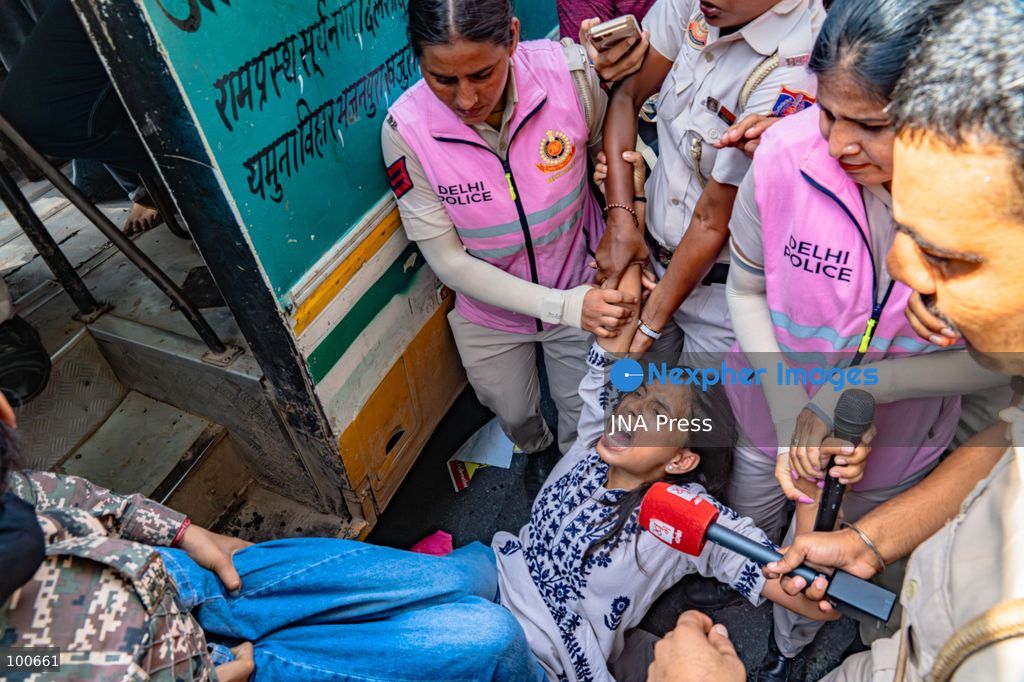 NEW DELHI, INDIA, OCTOBER 2, 2026: Opposition supporters, students and activists protest near Jantar Mantar against Chief Election Commissioner Gyanesh Kumar, demanding his resignation over alleged irregularities in the Special Intensive Revision of electoral rolls and the deletion of voters from electoral lists. Police imposed restrictions around the protest area and detained hundreds of demonstrators as groups attempted to gather near Jantar Mantar. The Election Commission has denied allegations of wrongdoing in the voter-roll revision process. Photo by Yanni Rawat / JNA Press. (Photo by yanni rawat/JNA Press via Nexpher Images)