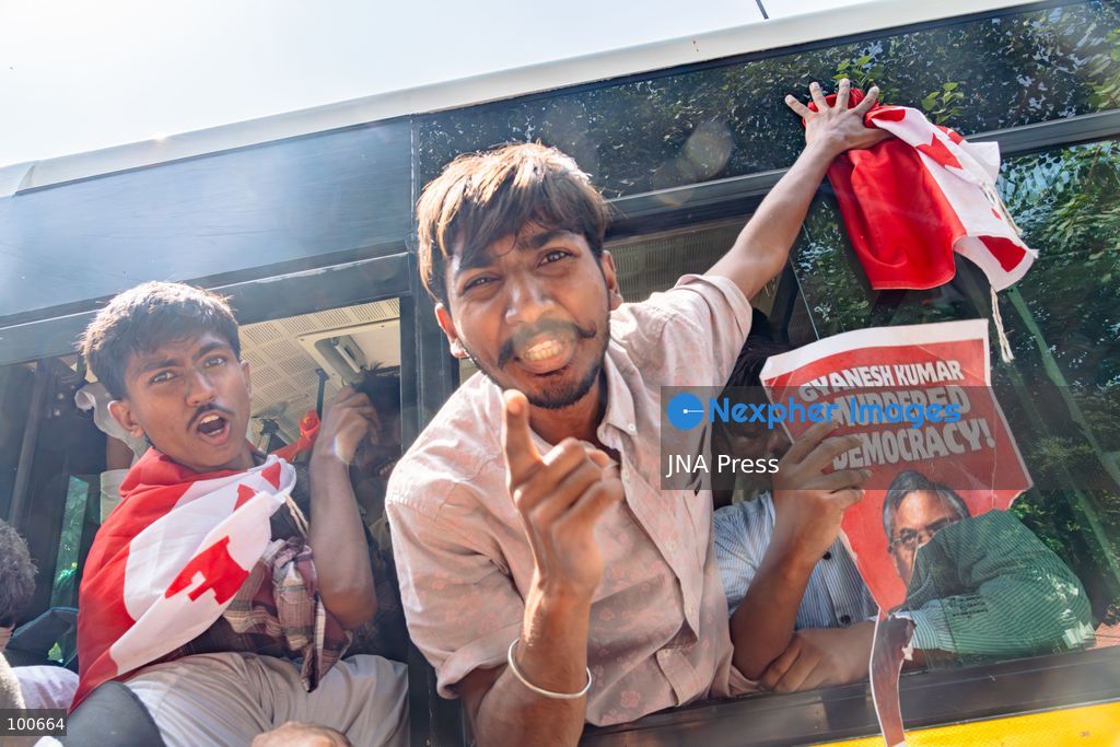 NEW DELHI, INDIA, OCTOBER 2, 2026: Opposition supporters, students and activists protest near Jantar Mantar against Chief Election Commissioner Gyanesh Kumar, demanding his resignation over alleged irregularities in the Special Intensive Revision of electoral rolls and the deletion of voters from electoral lists. Police imposed restrictions around the protest area and detained hundreds of demonstrators as groups attempted to gather near Jantar Mantar. The Election Commission has denied allegations of wrongdoing in the voter-roll revision process. Photo by Yanni Rawat / JNA Press. (Photo by yanni rawat/JNA Press via Nexpher Images)