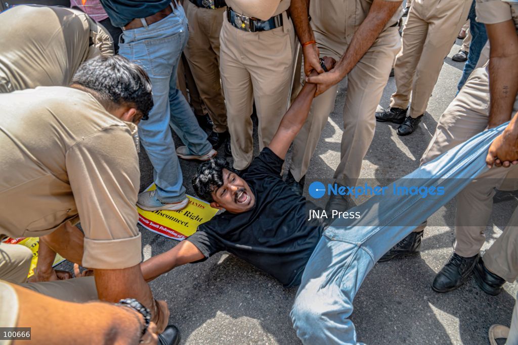 NEW DELHI, INDIA, OCTOBER 2, 2026: Opposition supporters, students and activists protest near Jantar Mantar against Chief Election Commissioner Gyanesh Kumar, demanding his resignation over alleged irregularities in the Special Intensive Revision of electoral rolls and the deletion of voters from electoral lists. Police imposed restrictions around the protest area and detained hundreds of demonstrators as groups attempted to gather near Jantar Mantar. The Election Commission has denied allegations of wrongdoing in the voter-roll revision process. Photo by Yanni Rawat / JNA Press. (Photo by yanni rawat/JNA Press via Nexpher Images)