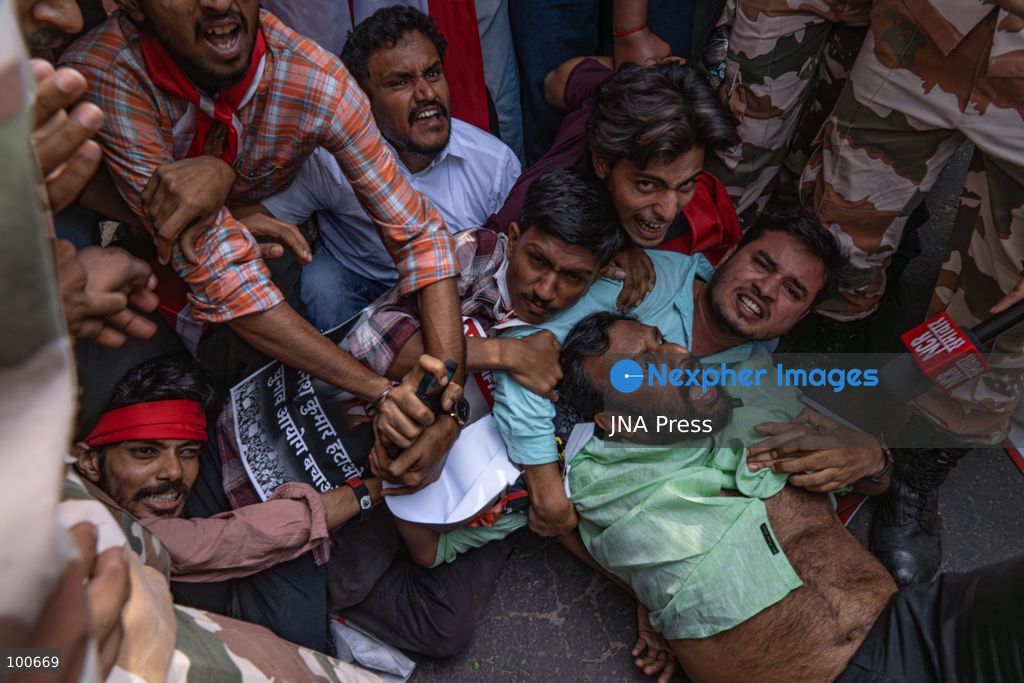 NEW DELHI, INDIA, OCTOBER 2, 2026: Opposition supporters, students and activists protest near Jantar Mantar against Chief Election Commissioner Gyanesh Kumar, demanding his resignation over alleged irregularities in the Special Intensive Revision of electoral rolls and the deletion of voters from electoral lists. Police imposed restrictions around the protest area and detained hundreds of demonstrators as groups attempted to gather near Jantar Mantar. The Election Commission has denied allegations of wrongdoing in the voter-roll revision process. Photo by Yanni Rawat / JNA Press. (Photo by yanni rawat/JNA Press via Nexpher Images)