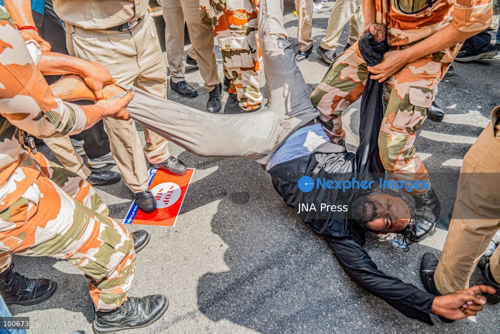 NEW DELHI, INDIA, OCTOBER 2, 2026: Opposition supporters, students and activists protest near Jantar Mantar against Chief Election Commissioner Gyanesh Kumar, demanding his resignation over alleged irregularities in the Special Intensive Revision of electoral rolls and the deletion of voters from electoral lists. Police imposed restrictions around the protest area and detained hundreds of demonstrators as groups attempted to gather near Jantar Mantar. The Election Commission has denied allegations of wrongdoing in the voter-roll revision process. Photo by Yanni Rawat / JNA Press. (Photo by yanni rawat/JNA Press via Nexpher Images)