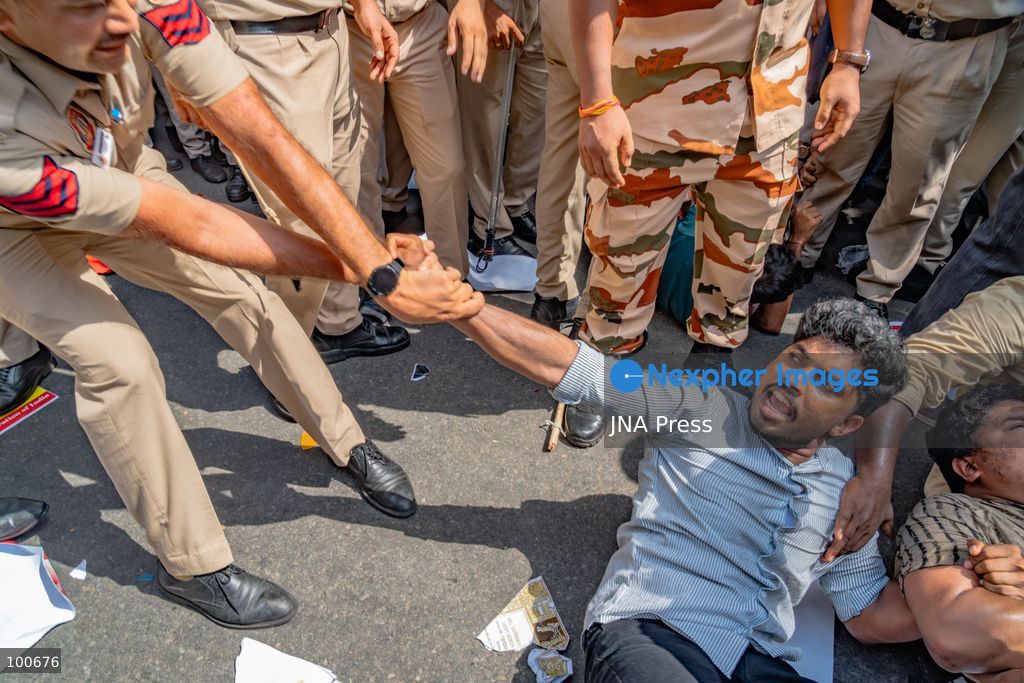 NEW DELHI, INDIA, OCTOBER 2, 2026: Opposition supporters, students and activists protest near Jantar Mantar against Chief Election Commissioner Gyanesh Kumar, demanding his resignation over alleged irregularities in the Special Intensive Revision of electoral rolls and the deletion of voters from electoral lists. Police imposed restrictions around the protest area and detained hundreds of demonstrators as groups attempted to gather near Jantar Mantar. The Election Commission has denied allegations of wrongdoing in the voter-roll revision process. Photo by Yanni Rawat / JNA Press. (Photo by yanni rawat/JNA Press via Nexpher Images)