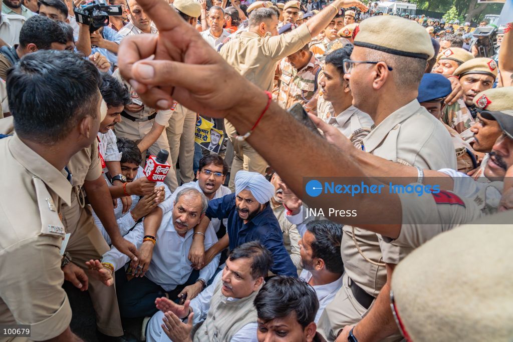 NEW DELHI, INDIA, OCTOBER 2, 2026: Opposition supporters, students and activists protest near Jantar Mantar against Chief Election Commissioner Gyanesh Kumar, demanding his resignation over alleged irregularities in the Special Intensive Revision of electoral rolls and the deletion of voters from electoral lists. Police imposed restrictions around the protest area and detained hundreds of demonstrators as groups attempted to gather near Jantar Mantar. The Election Commission has denied allegations of wrongdoing in the voter-roll revision process. Photo by Yanni Rawat / JNA Press. (Photo by yanni rawat/JNA Press via Nexpher Images)