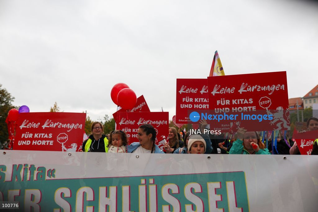 LEIPZIG, GERMANY, OCTOBER 2, 2026: Families, childcare workers and educators demonstrate in Leipzig over staffing, funding and working conditions at daycare centres and after-school care facilities. Parents and children joined childcare employees as protesters marched through the city calling attention to concerns over the availability and quality of childcare services in Leipzig and the wider state of Saxony. Photo by Maria Castro / JNA Press. (Photo by Maria Castro/JNA Press via Nexpher Images)