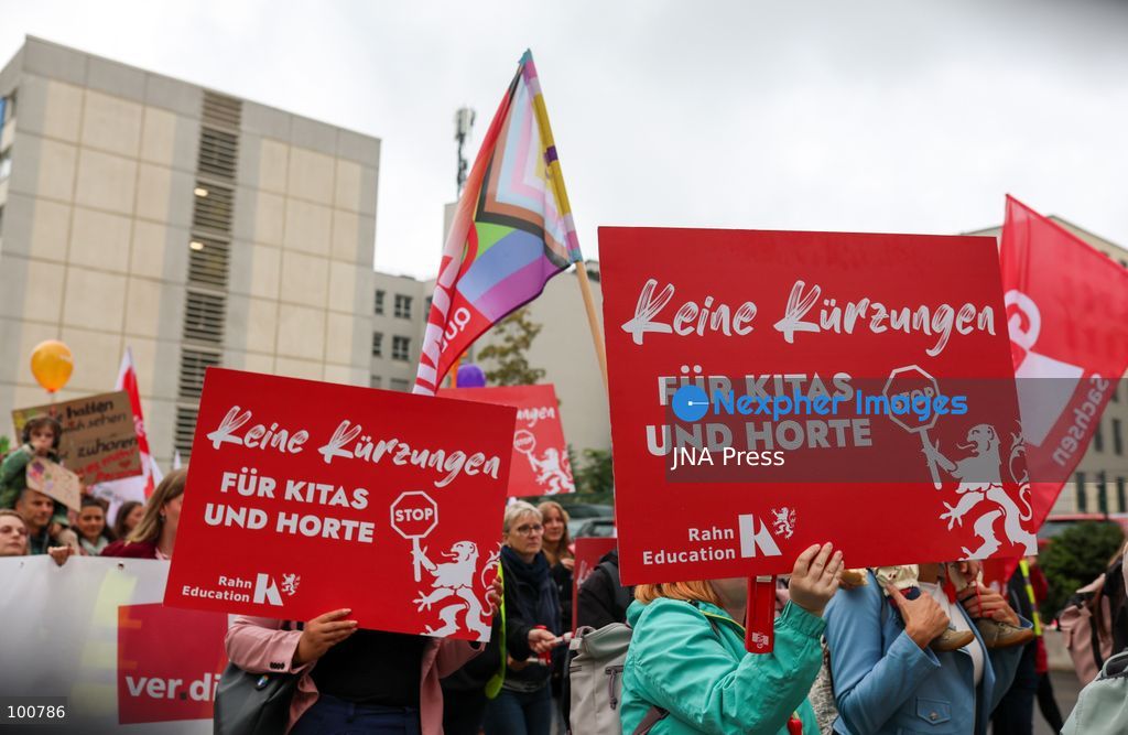 LEIPZIG, GERMANY, OCTOBER 2, 2026: Families, childcare workers and educators demonstrate in Leipzig over staffing, funding and working conditions at daycare centres and after-school care facilities. Parents and children joined childcare employees as protesters marched through the city calling attention to concerns over the availability and quality of childcare services in Leipzig and the wider state of Saxony. Photo by Maria Castro / JNA Press. (Photo by Maria Castro/JNA Press via Nexpher Images)