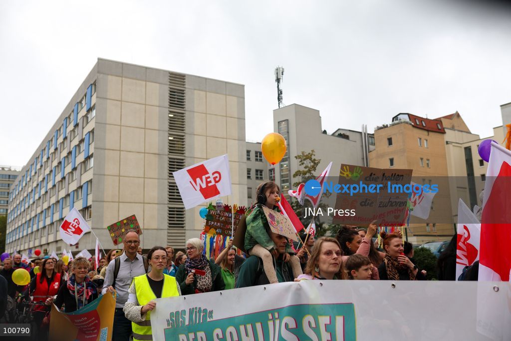 LEIPZIG, GERMANY, OCTOBER 2, 2026: Families, childcare workers and educators demonstrate in Leipzig over staffing, funding and working conditions at daycare centres and after-school care facilities. Parents and children joined childcare employees as protesters marched through the city calling attention to concerns over the availability and quality of childcare services in Leipzig and the wider state of Saxony. Photo by Maria Castro / JNA Press. (Photo by Maria Castro/JNA Press via Nexpher Images)