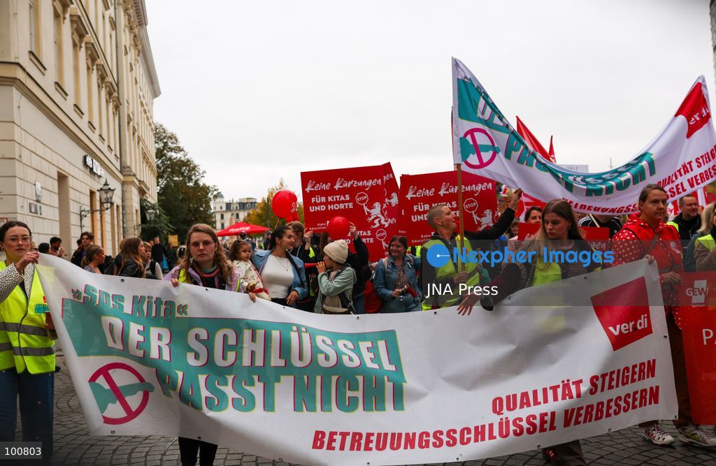 LEIPZIG, GERMANY, OCTOBER 2, 2026: Families, childcare workers and educators demonstrate in Leipzig over staffing, funding and working conditions at daycare centres and after-school care facilities. Parents and children joined childcare employees as protesters marched through the city calling attention to concerns over the availability and quality of childcare services in Leipzig and the wider state of Saxony. Photo by Maria Castro / JNA Press. (Photo by Maria Castro/JNA Press via Nexpher Images)