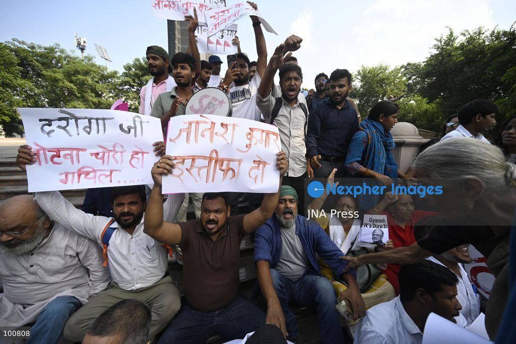 LUCKNOW, INDIA, OCTOBER 2, 2026: Police detain members of the Students' Federation of India and other activists during a protest at Parivartan Chowk in Lucknow against Chief Election Commissioner Gyanesh Kumar. Demonstrators demanded Kumar's resignation and raised concerns over the Election Commission's Special Intensive Revision of electoral rolls. Police stopped protesters as they attempted to march through the city, detaining students and activists. The Election Commission has defended the voter-roll revision process and rejected allegations of wrongdoing. Photo by Amit Shukla / JNA Press. (Photo by Amit shukla/JNA Press via Nexpher Images)