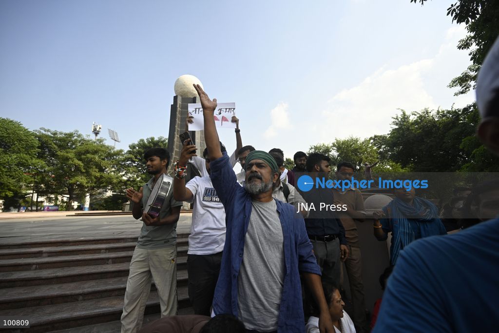 LUCKNOW, INDIA, OCTOBER 2, 2026: Police detain members of the Students' Federation of India and other activists during a protest at Parivartan Chowk in Lucknow against Chief Election Commissioner Gyanesh Kumar. Demonstrators demanded Kumar's resignation and raised concerns over the Election Commission's Special Intensive Revision of electoral rolls. Police stopped protesters as they attempted to march through the city, detaining students and activists. The Election Commission has defended the voter-roll revision process and rejected allegations of wrongdoing. Photo by Amit Shukla / JNA Press. (Photo by Amit shukla/JNA Press via Nexpher Images)