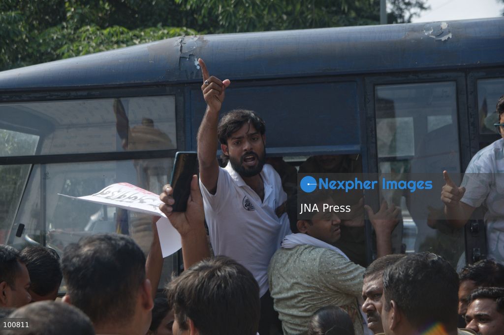 LUCKNOW, INDIA, OCTOBER 2, 2026: Police detain members of the Students' Federation of India and other activists during a protest at Parivartan Chowk in Lucknow against Chief Election Commissioner Gyanesh Kumar. Demonstrators demanded Kumar's resignation and raised concerns over the Election Commission's Special Intensive Revision of electoral rolls. Police stopped protesters as they attempted to march through the city, detaining students and activists. The Election Commission has defended the voter-roll revision process and rejected allegations of wrongdoing. Photo by Amit Shukla / JNA Press. (Photo by Amit shukla/JNA Press via Nexpher Images)